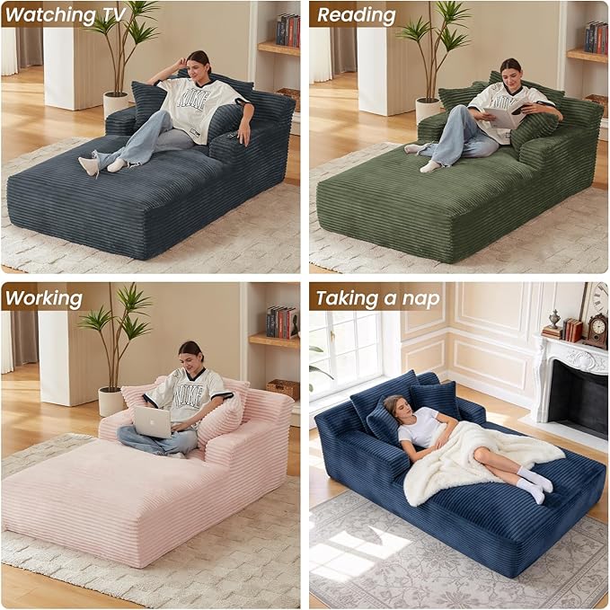 Avenix 79” Oversized Chaise Lounge Chairs Indoor Corduroy Boneless Chaise Lounges Chairs Indoor Deep Seat Big Comfy Reading Chair Cloud Sleeper Chair Sofa Couch Bed for Living Room Grey