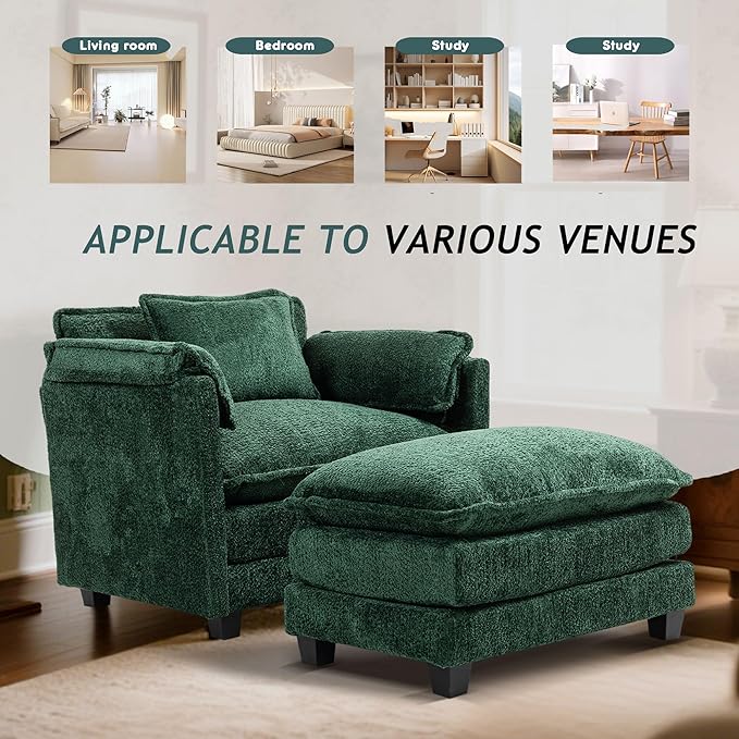 Accent Chair Comfy Oversized Sofa Sleeper Chair with Ottoman Modern Deep Seat Single Sofa Couch for Living Room Bedroom Study Balcony (Chenille Dark Green)