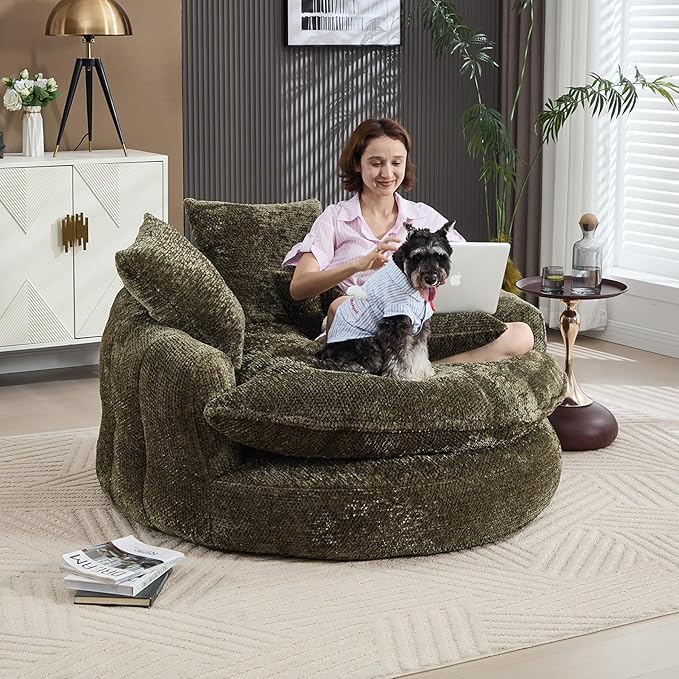 55 inch Oversized Round Chair Fluffy Chenille Boneless Sofa with Extra Deep Seat for Living Room Lounge (Olive Green)