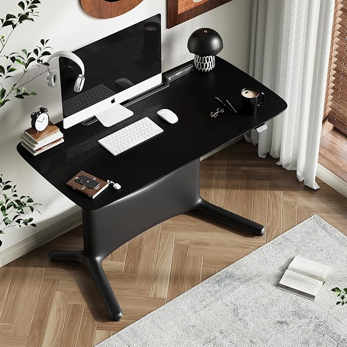 COLAMY Electric Adjustable Standing Desk – 48 x 28 Inch Sit Stand Desk with Drawer &amp Cable Management Dual Motor Lift System Ergonomic Footrest Home Office Table (Veneer Desktop Black Oak + Bl