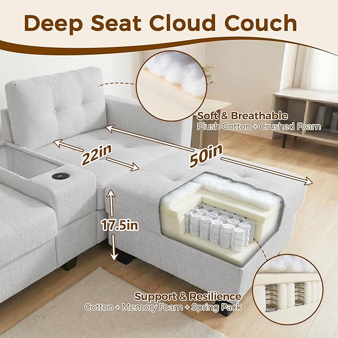 104'' Modular Sectional Sofa with 2 Tech Consoles Oversized U Shaped Couch Set with USB Charger Storage Movable Ottoman Chenille Large Sectional Couches for Living Room (Beige)