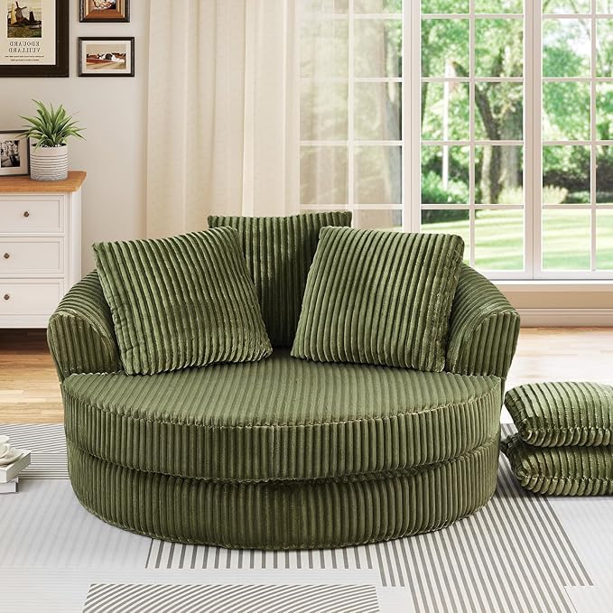 61-inch Boneless Round Chair Circle Corduroy Memory Foam Upholstered Chaise Lounge Indoor Comfy Reading Accent Deep Seat Sofa Chair for Living Room Bedroom Office No Assembly Required Green