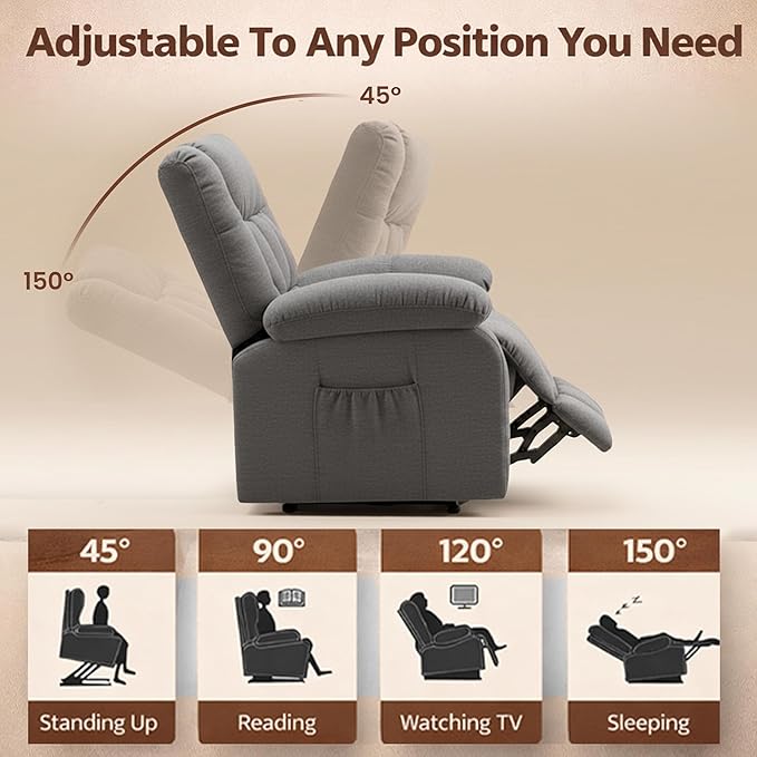 HealSmart Power Lift Recliner Chair with Massage &amp Heat Overstuffed Fabric Reclining Chair with Remote Side Pockets for Living Room &amp Bedroom Grey