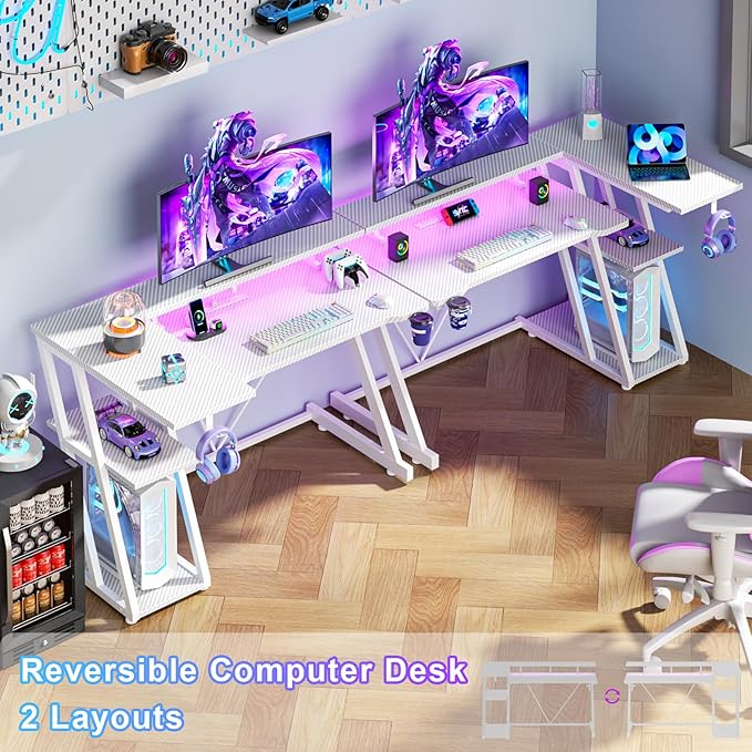 40 Inch Gaming Desk with Power Outlet &amp LED Lights L Shaped Computer Gaming Table with 3 Tiers Storage Shelves Corner Gamer Desk with Monitor Stand for Small Space Carbon Fiber White