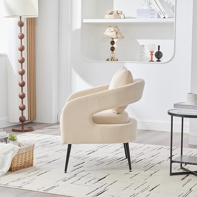 Mid Century Modern Accent Armchair - Velvet Upholstery with Removable CushionRound Arms &amp Sturdy Metal LegsComfortable Reading Chair for Living RoomBedroomApartment - Beige FabricBlack Legs