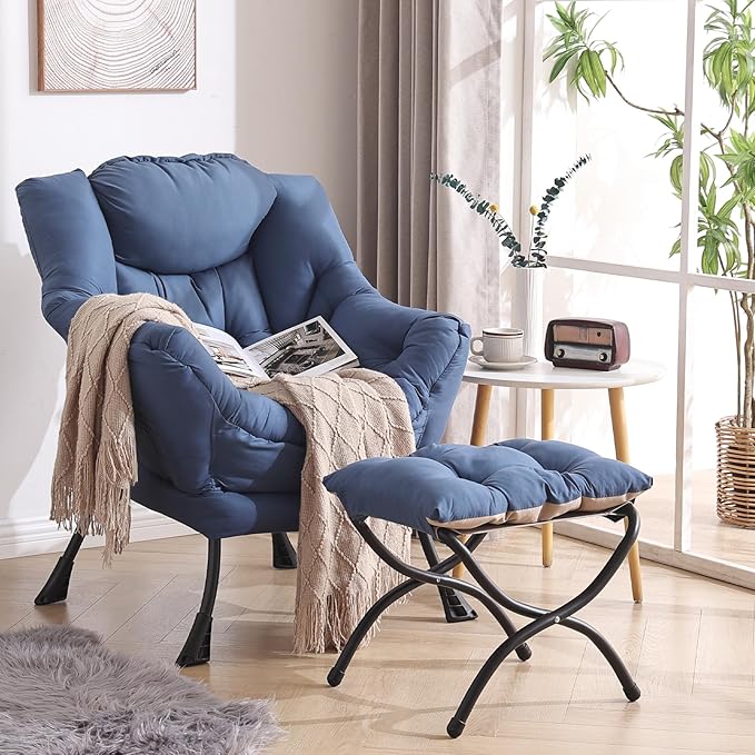 Welnow Lazy Chair with Ottoman Modern Accent Chair with Armrests and a Side Pocket Leisure Sofa Armchair Reading Armchair with Footrest for Small Space Royal Blue