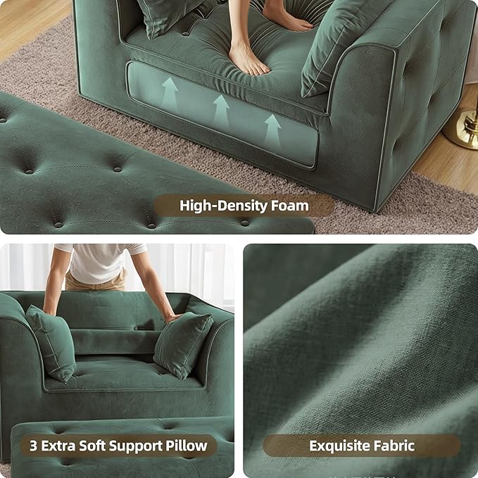 62 Chaise Lounge Chair IndoorDeep Seat Sleeper Sofa Cloud Couch with 3 Soft Pillows and OttomanComfy Cloud Seat for Living Room Apartment Office(Green Chaise Lounge+Ottoman)