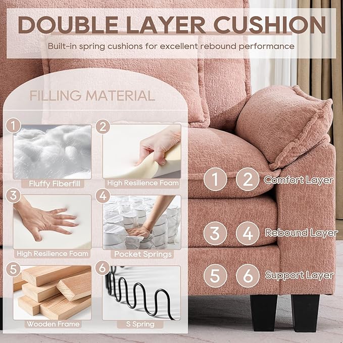 IPKIG 154 Modular Sectional Sofa Velvet U-Shaped Sectional Couch Comfy Upholstered Seat Sofa with Ottoman Deep Seat Cloud Couch Sofa for Living Room Pink | 2 Layer Cushion Cloud Couch Modular Se