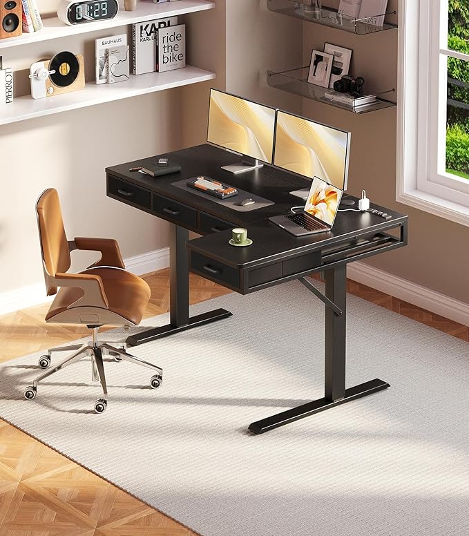 OffiGo 55 Inch L Shaped Electric Standing Desk with Drawers Height Adjustable Large Desk with Power Outlets Sit Stand Table Writing Computer Desk for Home Office Workstation Black