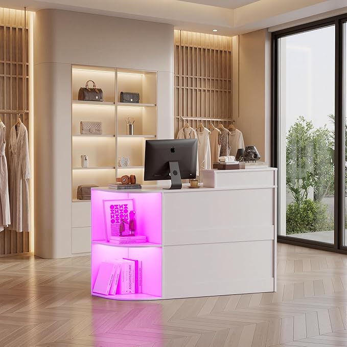 Modern Reception Desk with LED Light and Open Shelves Front Desk with Lockable Drawers &amp Keyboard TrayReception Counter Table with Storage for Checkout Office Lobby Nail Salon Spa (C.White)