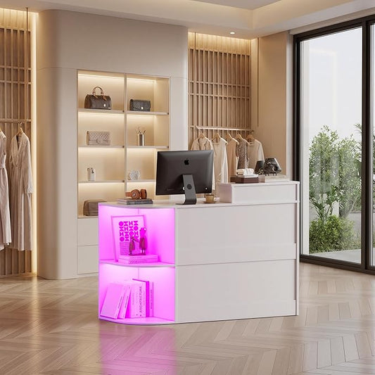 Modern Reception Desk with LED Light and Open Shelves Front Desk with Lockable Drawers &amp Keyboard TrayReception Counter Table with Storage for Checkout Office Lobby Nail Salon Spa (C.White)