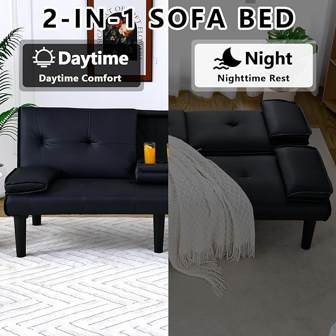 67” Futon Sofa Bed with Pillows Modern Convertible Futon Couch with 2 Cup Holders &amp Removable Armrests for Small Spaces Living Room Solid Wood Frame (Black-PU Leather)