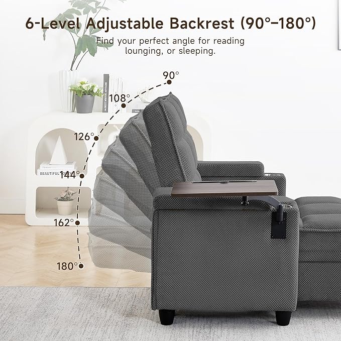 Modern Tufted Linen Fabric Chaise Lounge Sofa Chair with Rotating Side TableStoragePillowUSB Charging Ports and Adjustable Backrest Perfect for Living Room Small Spaces (12-Dark Gray)
