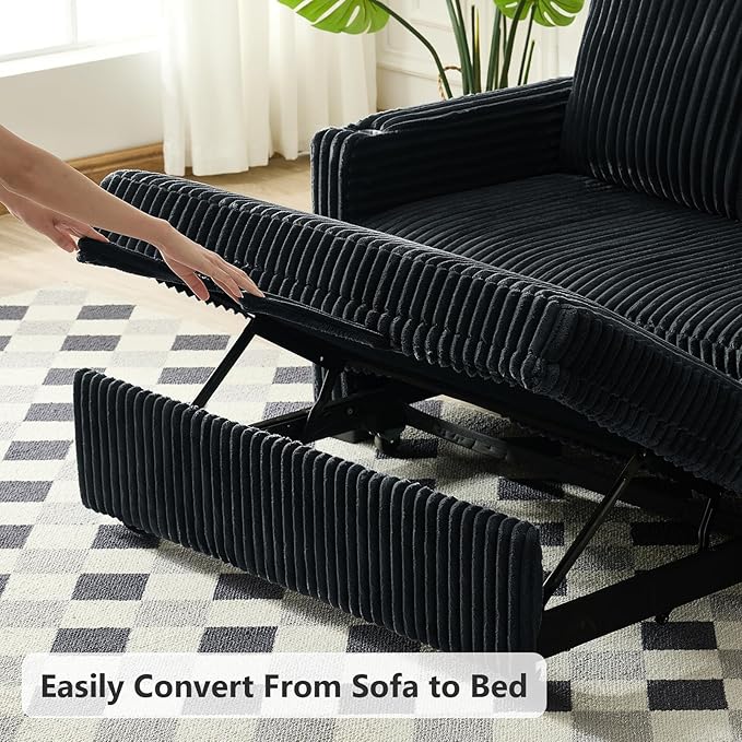 Hommoo Sleeper Sofa Couch with Pull Out Bed Convertible 3 in 1 Futon Lounge Sofa Small Love Seat for Living Room Apartment Comfy Corduroy Reclining Back with Cup Holder and USB Ports 53 Black