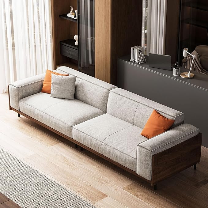 111.81 in. Four-seat Removable Washable Cotton-Linen Fabric mid-Century Modern Sofa Square arms with Throw Pillows.