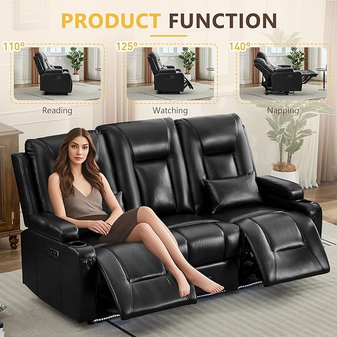 URRED Wall Hugger Power Recliner Sofa RV Double Reclining 3-Seater Couch for Living Room with LED Lights USB Ports Cup Holders and Side Pockets Outlets Drawer Faux Leather – Black