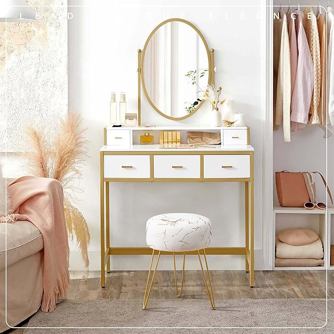 LUE BONA Vanity Stool Gold Vanity Stools for Makeup Room Round Ottoman Foot Stool Velvet Footrest Vanity Chair for Bathroom Vanity Bedroom Living Room Entryway Offices 300lbs