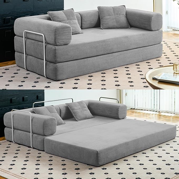 Compression Sofa - 62''Convertible Floor Sofa Bed - with Pillow Back Support Armrest - Comfy Foldable Sofa Bed Compressed Sofa in Box - Corduroy Fabric - for Living Room Bedroom (Gray)