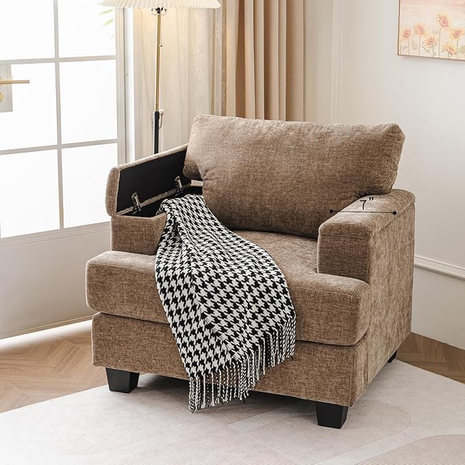 Oversized Accent Chair with Armrest OrganizerLiving Room Chairs with 7.8'' CushionUpholstered Modern ArmchairBig Reading ChairComfy Sofa Chair for BedroomBrown