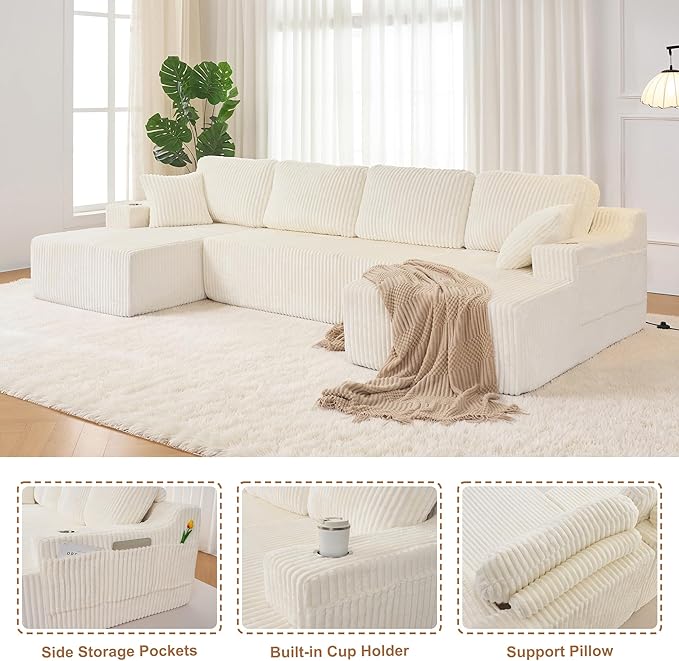 130'' U Shaped Cloud Sectional Couch Modular Boneless Couch for Living Room Corduroy Fabric Cloud Sofa with Supported Pillows and 2 Cup Holders No Assembly Beige