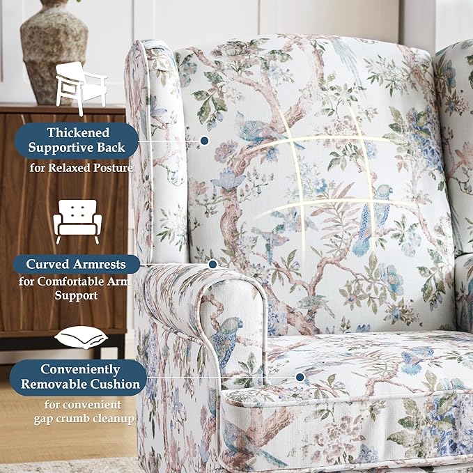 EROMMY Floral Accent Chair Comfortable High Back Upholstered Armchair with Solid Wood Legs Leisure Single Sofa Chair for Living Room Bedroom Home Office Light Blue Floral&ampBird