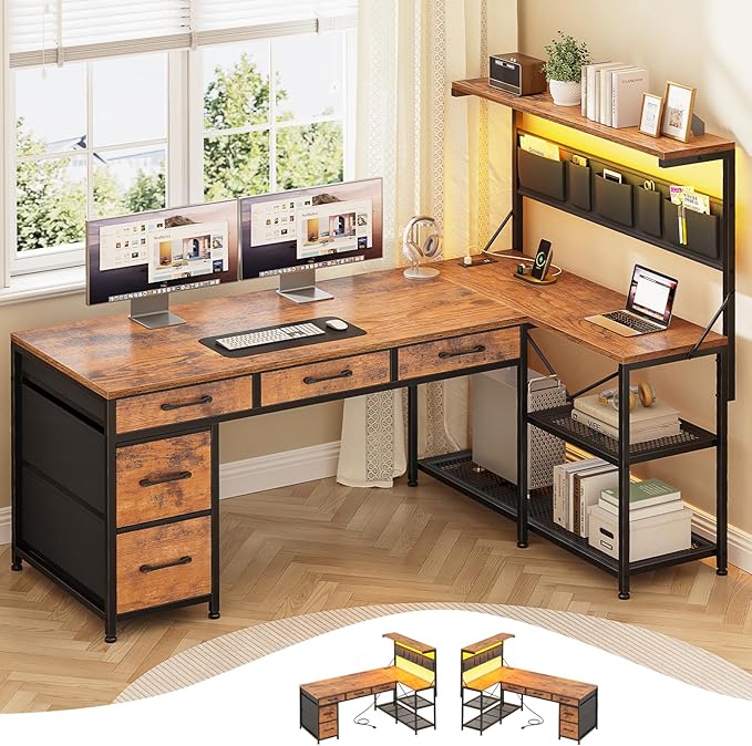 Itaar L Shaped Desk with 5 Drawers and Storage Shelves Reversible Computer Desk with Bookshelf for Home Office Corner Gaming Desk with LED Lights Power Outlets and Storage Bad Rustic Brown