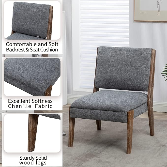 Chenille Single Accent Chair Wooden Legs Padded Upholstery High Density Foam Small Modern Armless Chair for Living Room Bedroom Dark Grey