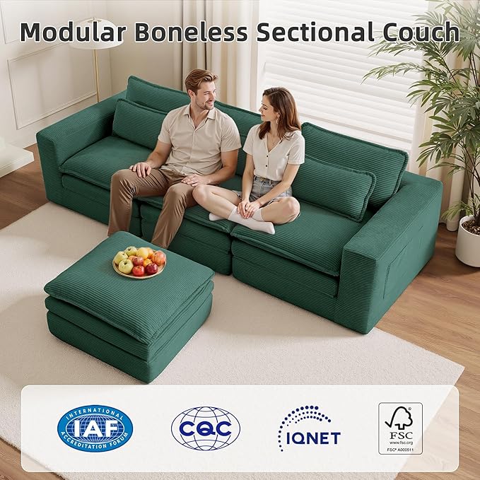 109 Sectional Couches Boneless Modular Sofa for Living Room with Ottoman | No Assembly Required Sofa Bed L shaped Couch | Corduroy Deep Seat Couch with Double Layer Cushion &amp Removable Cover | Gr