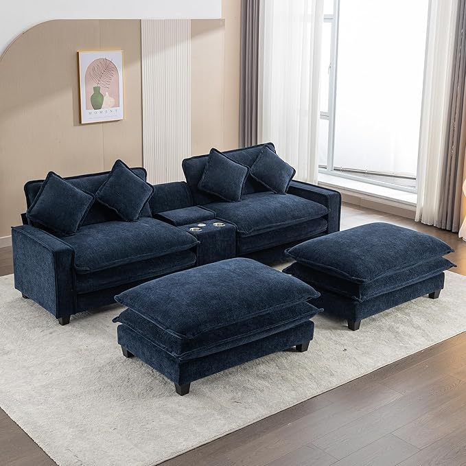 Sectional Sofa Chenille Upholstered with 2 Removable Ottoman 2 USB Ports 2 Cup Holders Large Storage Box for Living Room