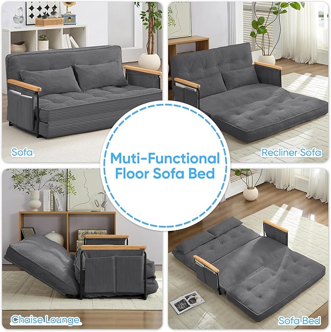 Mjkone 54 Adjustable Floor Couch with 2 Pillow Loveseat Sleeper Sofa with Side Pocket Multi-Functional Couch Bed 5 Position Lazy Sofa with Wooden Armrest for Living Room (Dark GrayLoveseat