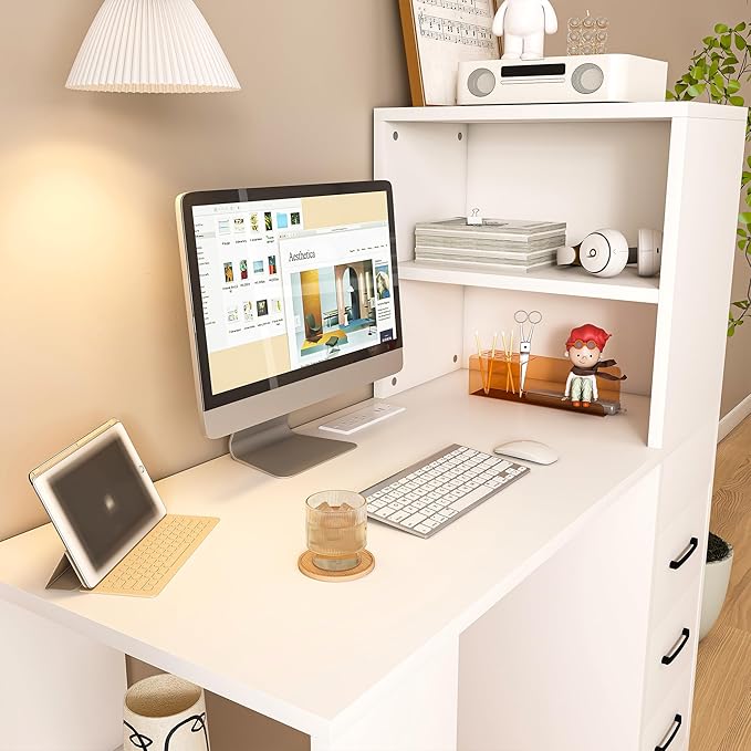 Modern Computer Desk for Home Office Spacious 55 Writing Desk with 4-in-1 Power Outlet 3 Smooth Slide Drawers &amp 4-Tier Storage Shelf for Laptop PC &amp Office Essentials (White)