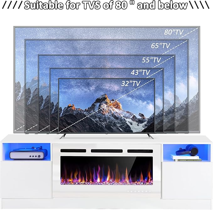 AHB Fireplace TV Stand LED Light Entertainment Center with 36 Electric Fireplace and Storage Cabinet Media Console Table for TVs Up to 80 Inches Ideal for Living Room 70 Inches (All White)