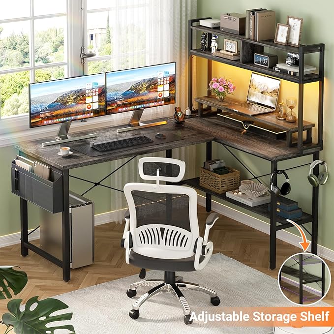 Aheaplus L Shaped Gaming Desk with Power Outlets &amp LED Lights Small L- Shaped Desk Computer Corner Desk with Monitor Stand &amp Storage Shelf Home Office Desk Writing Desk with Storage Bag Gre
