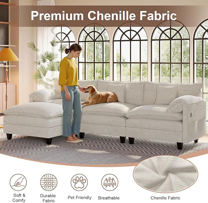 Modular Sectional Sofa 108” Comfy Cloud Couch with Movable Ottoman | Charging Station | Side Pocket | Throw Pillow Modern L-Shaped Couches for Living Room Chenille White