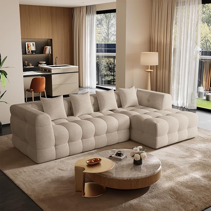120 Boneless-Couch L-Shaped Sofa for Living Room Cloud Couch with Chaise Lounge Sectional Upholstered Chenille Deep Seat Couches with 4 Pillows No Assembly Required Light Brown
