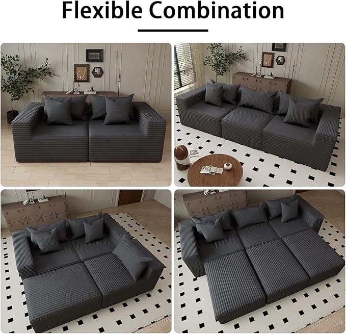 Modular Sectional Sofa CouchOversized Cloud with Deep Seat CouchesBoneless Compression Foam Sofa with Pillows for Living Room/Apartment/Bedroom (Grey 4 Seater with 1 Ottoman)