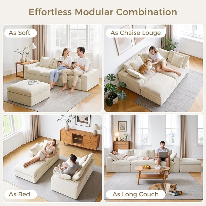 120 L-Shaped Boneless Cloud Couch Modular Sectional Sofa with Ottoman and Extra-Wide Armrests Deep Seat Sectional Couches for Living Room 35D High-Density Foam No Assembly Required Beige