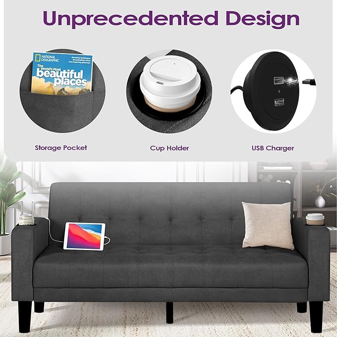 TYBOATLE Sofa Couch Living Room Furniture Sectional Sofa Sets 2 Pcs Tufted Mid-Century Loveseat w/USB Cupholders &amp Comfy Single Sofa for Small Space Apartment Office (Dark Grey)