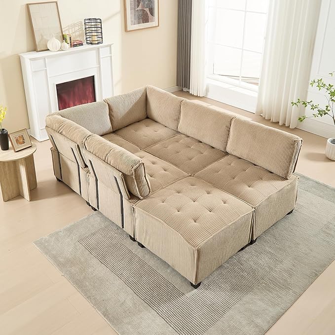 121 Inch Cloud Oversized Modular Sectional Sofa U Shaped Modular Couch with Reversible Chaise Comfy 6 Seat Convertible Sectional Sofa with Ottoman for Living Room Khaki