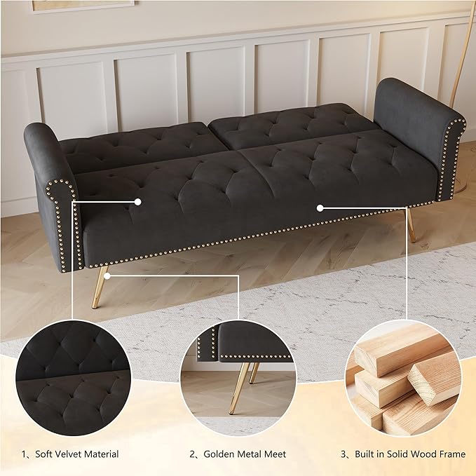 KEIKI 70 Folding Futon Sofa Couch w/Adjustable Backrest Mid Century Modern Loveseat Convertible to Sleeper Bed Small Comfy Velvet Cloud Couch SofaBed for Living Room &amp Bedroom 2 Pillows Black