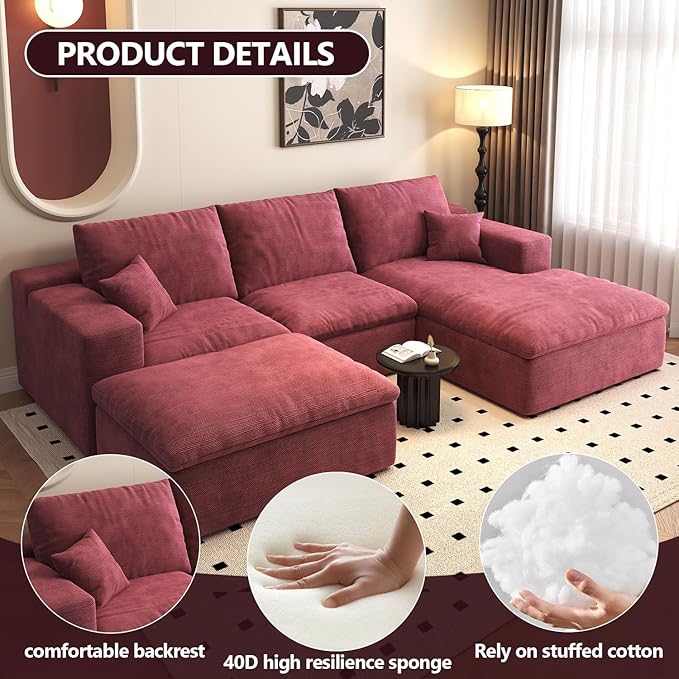 107'' U-Shaped Modern Modular Sectional Cloud Couch Whit Ottoman 4-Seat Chenille Deep-Seat Sofa with Pillow for Living Room Bedroom Apartment Wine Red