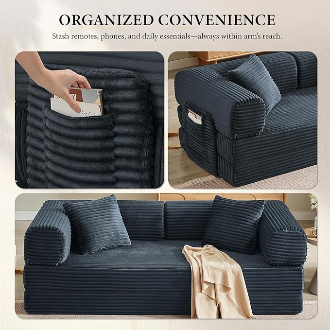 Boneless Couch Folding Couches for Living Room Sofa Futon Sofa Bed with Sleeper Sofa Futon Couch with Fixed-Shape Oversized Corduroy Upholstered (Dark Gray 81 Inches)