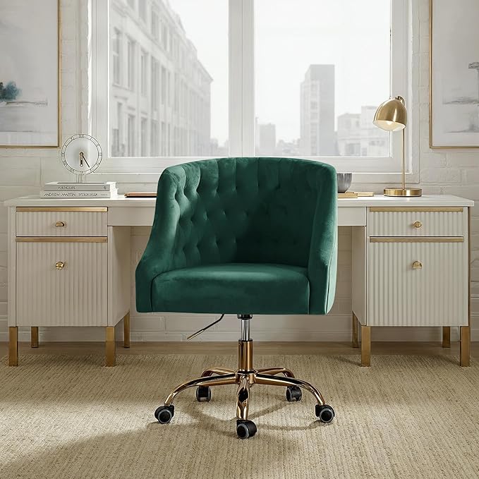 Velvet Office Chair with Gold Base Modern Cute Desk Chair Comfortable Adjustable Swivel Task Chair for Home Office Living Room Bedroom Vanity Study