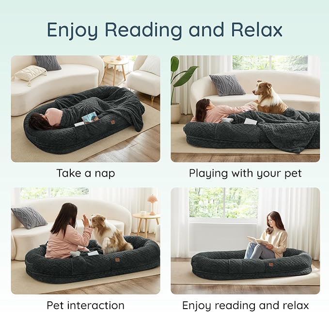 Human Dog Bed for Adult - Luxury Faux Fur Giant Size Dog Bed with Portable Handle Egg Orthopedic Foam with Blanket 72x40x10 Dark Grey