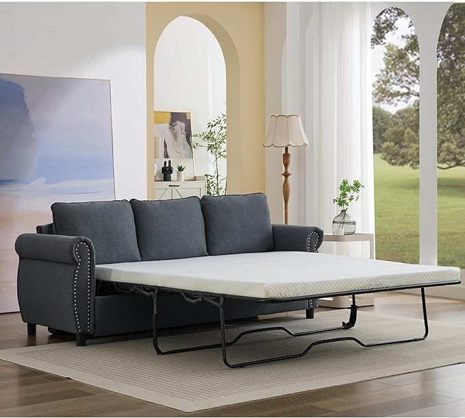 Pull Out Sofa Bed Queen Size Sleeper Sofa with Memory Foam Mattress 3 in 1 Convertible Pullout Couch Bed 3-Seater Comfy Upholstered Loveseat Sofas for Living Room Guest Room RV (Grey Linen)