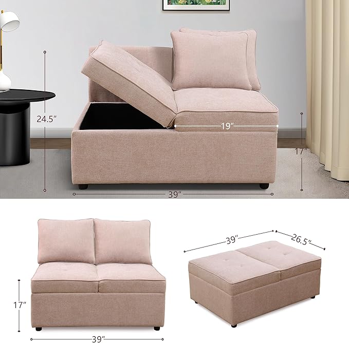 Convertible Ottoman Sofa with Storage Modern Sackcloth Futon Couch with 2 Pillows Adjustable Backrest Recliner Folding Loveseat for Living Room Apartment Dorm OfficePink