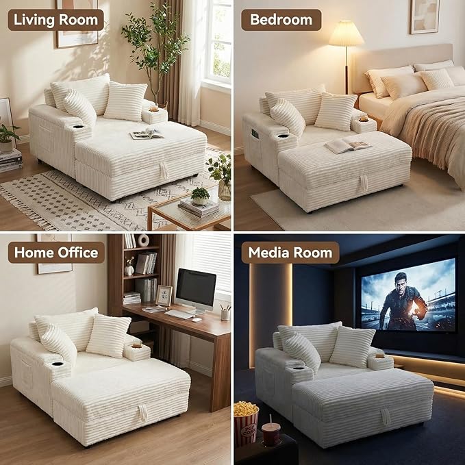 LIKIMIO 54''Oversized Chaise Lounge Chair IndoorFirm Solid Wood Frame with USB &amp Cup HolderComfy Corduroy OttomanReading Chair for Living Room Study Room (White)