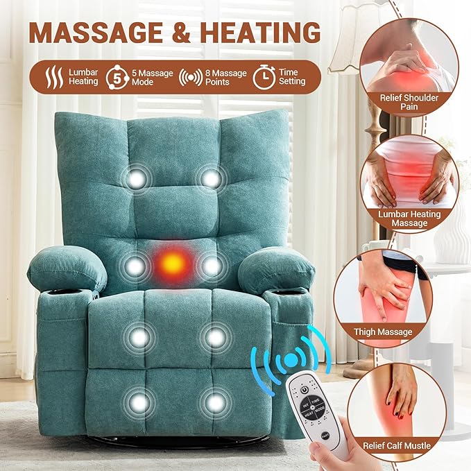 GarveeHome Swivel Rocker Recliner Chair with Massage and Heat Oversize Ergonomic Lounge Single Sofa with Side Pocket Cup Holders for Living Room Bedroom (Oversized Blue)