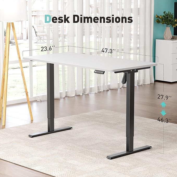 48 x 24 in One-Piece Electric Standing Desk Adjustable Height Sit to Stand Up Desk for Home Office Work &amp Study Black Frame &amp White Desktop (2 Packages)