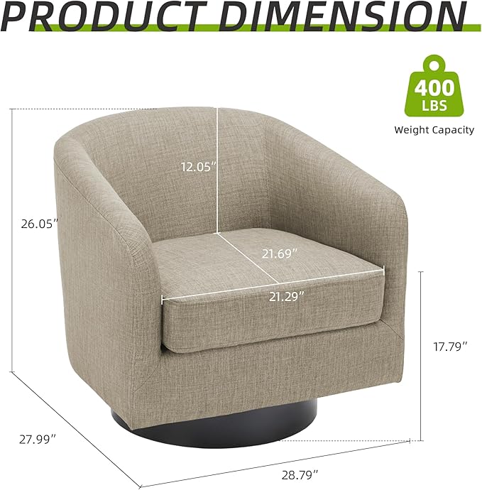 Swivel Barrel Chair Modern Round Swivel Accent Chair in Linen for Living Room Comfy Club Chair Upholstered Armchair for Bedroom Small Space-Light Brown